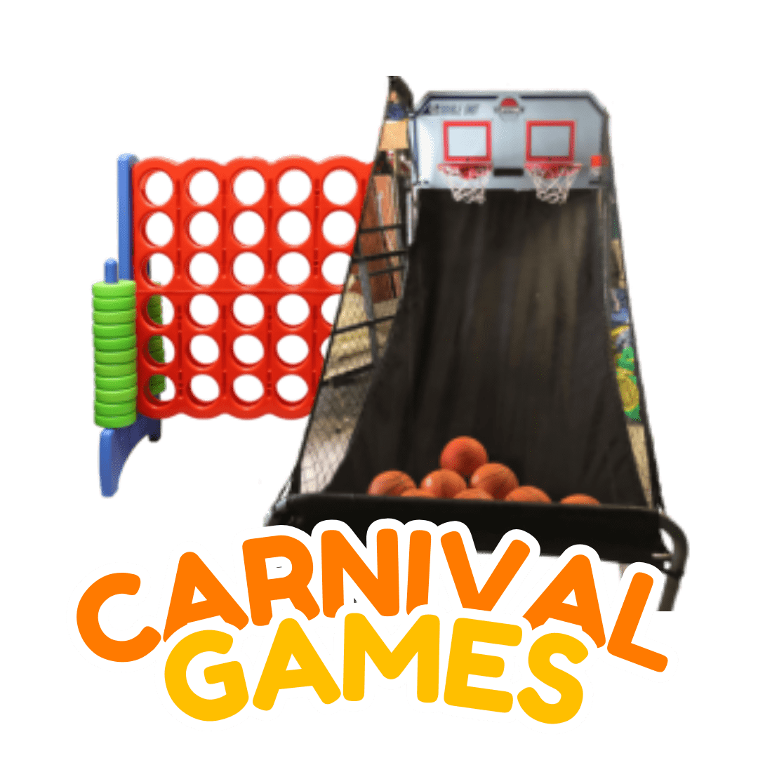 Carnival game rental display with giant Connect Four and basketball games