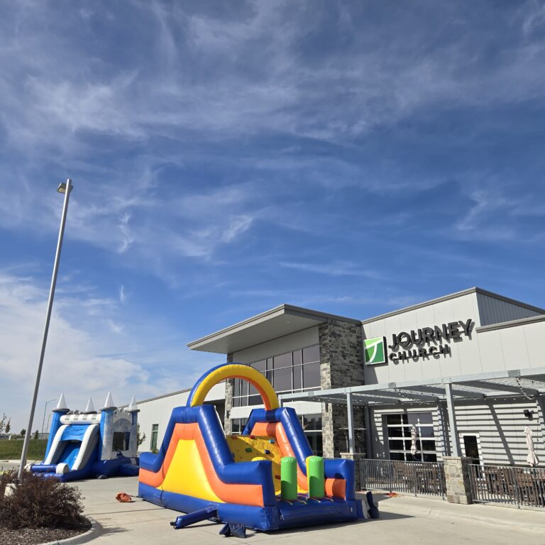 Omaha church event rentals inflatable setup outside a church for a community event