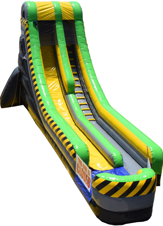 Black-and-yellow Caution-themed 18-foot Big Splash single-lane water slide