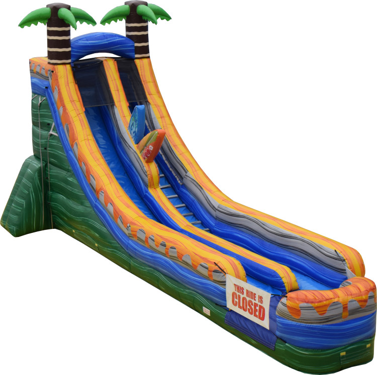 Big Splash Tropical water slide viewed from the front corner, with orange slide walls and palm trees