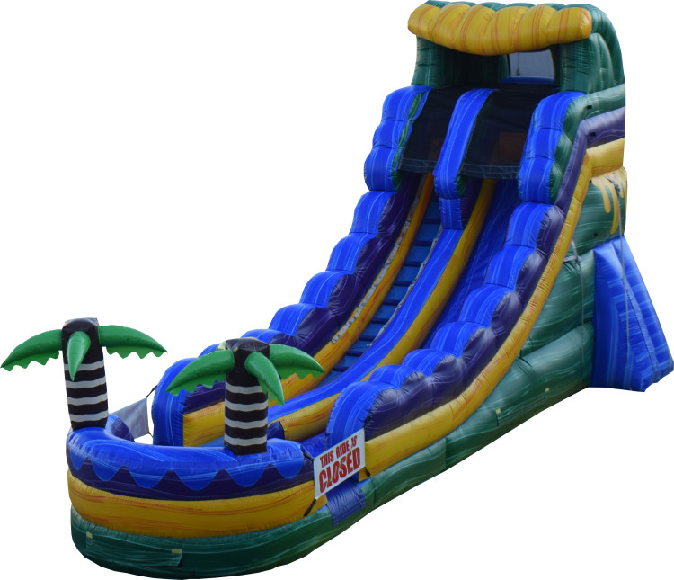 Green Oasis inflatable water slide with blue lanes, green walls, and palm-tree accents
