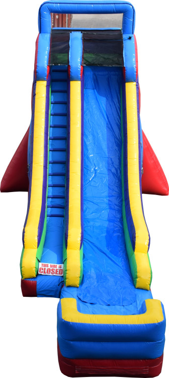 22-foot single-lane water slide viewed straight on, with blue slide surface and yellow borders