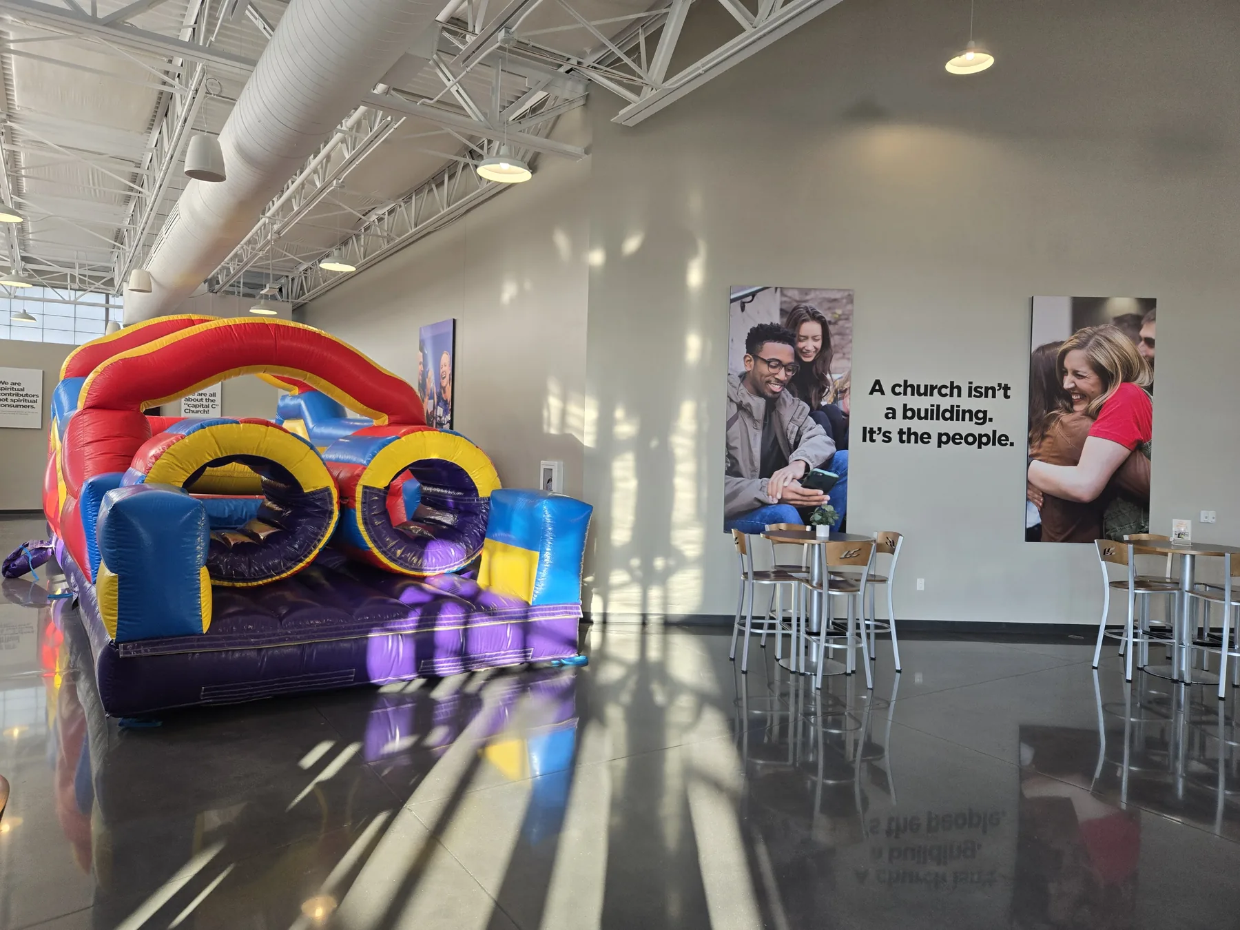 Indoor inflatable rental in an Omaha church lobby